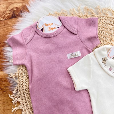 Conj. de Malha 3 peças- Gola Bordada com Borboletas - Off White e Uva